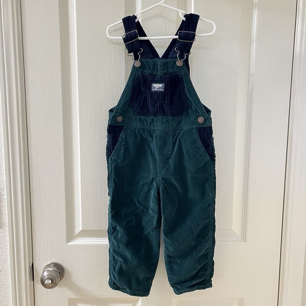 Oshkosh B'gosh Blue and Green Colorblock Corduroy Overalls Lined Boys Size 3T